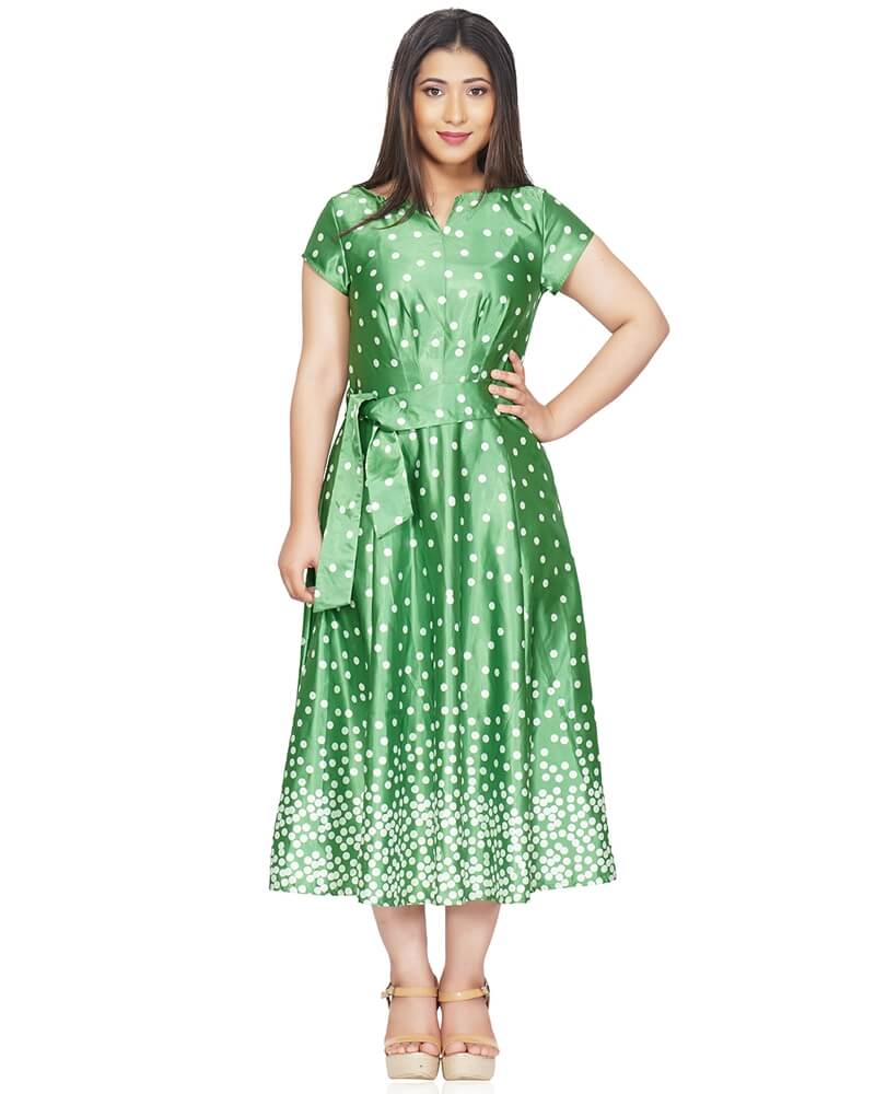 Shop Long Polka Dot Fit and Flare Green Dress, polka dot dress, fit and ...