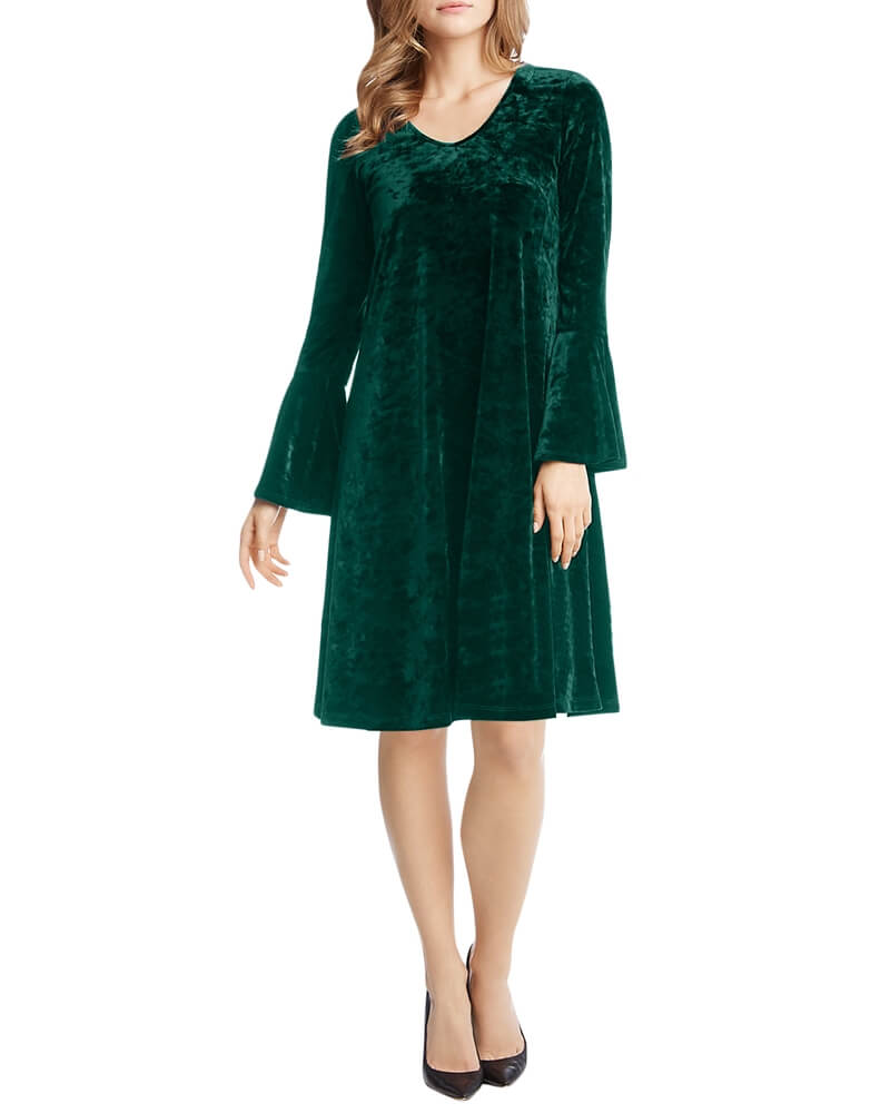 Green Ruffle Sleeve Velvet Shift Dress 